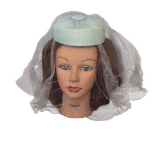 Vintage Light Blue Pillbox Hat With Veil